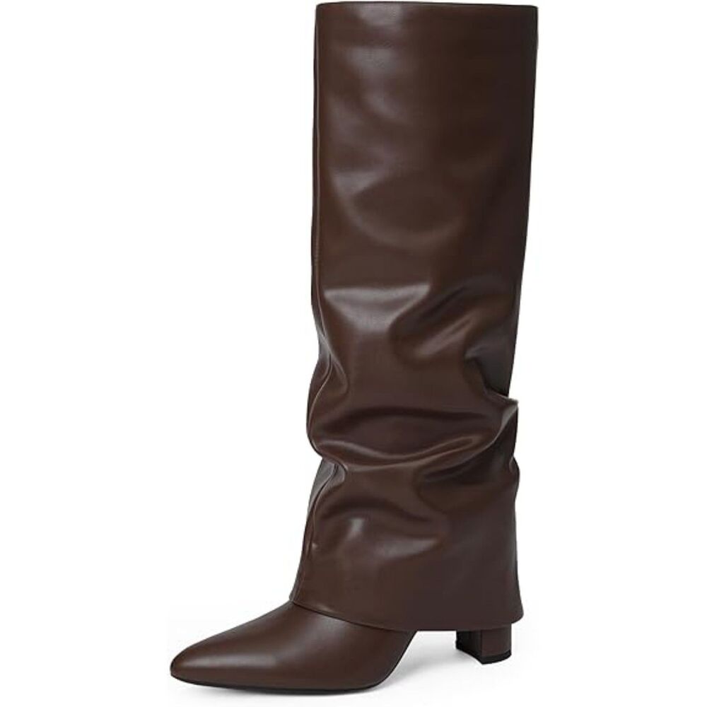 Womens Chocolate Rubber Sole Pointed Toe Side Zipper Chunky Heels Knee High Boot